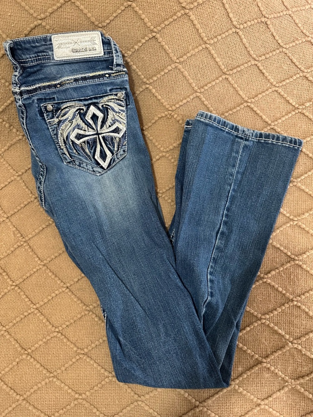 Grace Blue Embroidered Pocket Boot Cut Jeans